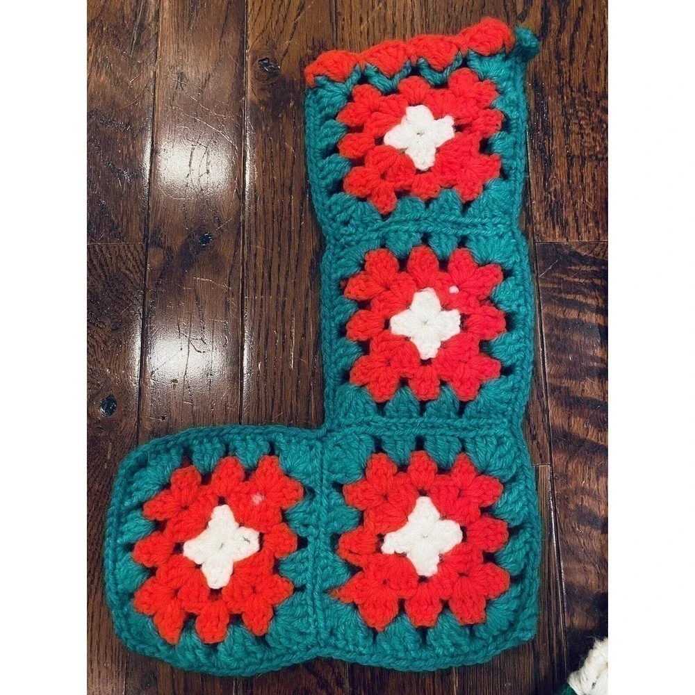 Set Granny Square Christmas Stockings Lot of 2 Grannycore Vintage Holiday Decor